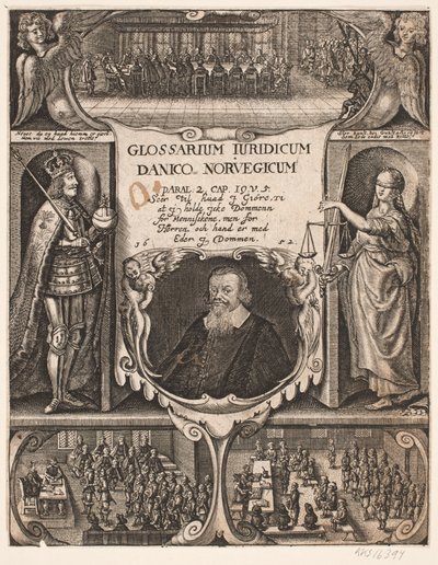 Nimisivu, jossa muotokuva C.O. Veile "Glosarium juridicum Danico - Norvegicum", 1652 tekijältä Simon de Pas