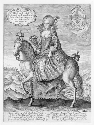 Tanskan Annen (1574-1619) ratsastajamuotokuva, taiteilijan kaiverrettu, julkaisija Compton Holland, 1616. tekijältä Simon de Passe