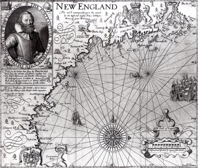 Uuden Englannin rannikon kartta, havainnoinut ja kuvaanut kapteeni John Smith (1580-1631) 1614, julkaisusta General Historie, 1624 tekijältä Simon de Passe