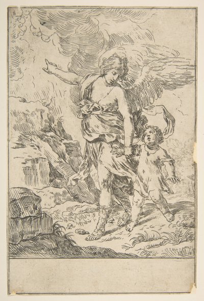 Lapsen kanssa kävelevä suojelusenkeli, n. 1640. tekijältä Simone Cantarini
