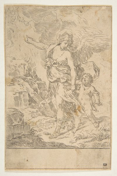 Lapsen kanssa kävelevä suojelusenkeli, n. 1640. tekijältä Simone Cantarini