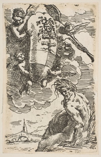 Foglia-joen allegoria ja Pesaroksen kaupungin vaakuna, etukappale ..., n. 1639. tekijältä Simone Cantarini