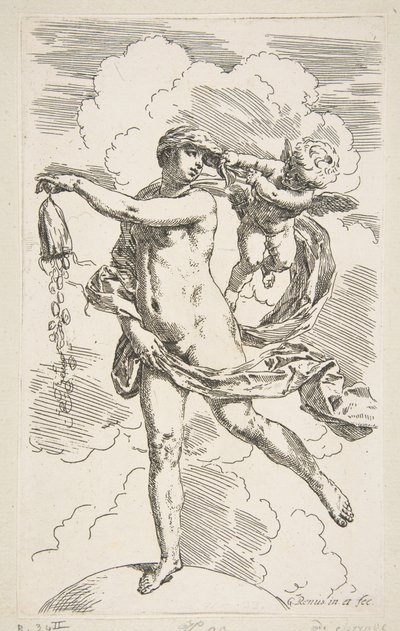 Onni seisoo maapallolla tyhjentämässä kolikkolaukkua, n. 1635-1636. tekijältä Simone Cantarini