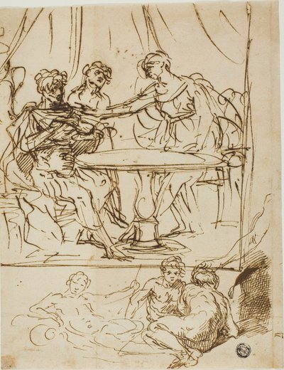 Judith Holofernesin pään ja jokien jumalien luonnosten kanssa (recto); Naisen pää, ylöspäin katsova (käänteinen) tekijältä Simone Cantarini