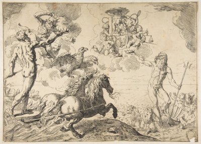 Jupiter, Neptunus ja Pluto tarjoavat kruunujaan kardinaali Borghesen käsivarsille, 1642-43. tekijältä Simone Cantarini