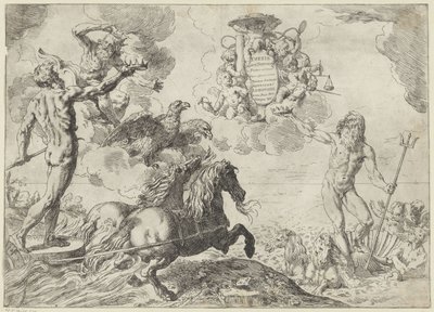 Jupiter, Neptunus ja Pluto tarjoavat kruununsa kardinaali Scipione Borghesen käsivarsille Opinnäytetyö Jupiter, Neptunus ja Pluto coronas suas offerunt armis (otsikko esineessä) tekijältä Simone Cantarini