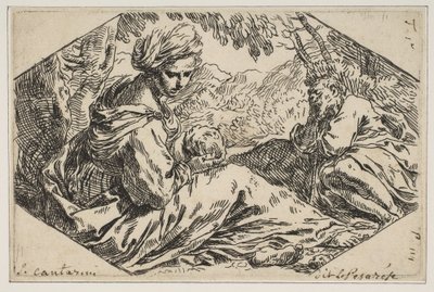 Lepää Egyptissä, Maria pitelee Kristus-lapsea ja katselee sitä, kun Pyhä Joosef s..., n. 1637-1639. tekijältä Simone Cantarini