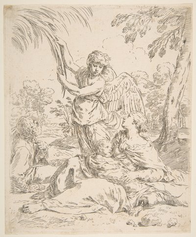 Lepää Egyptissä, kun Maria imettää Kristus-lapsa, kun enkeli vetää puun oksia, n. 1639. tekijältä Simone Cantarini