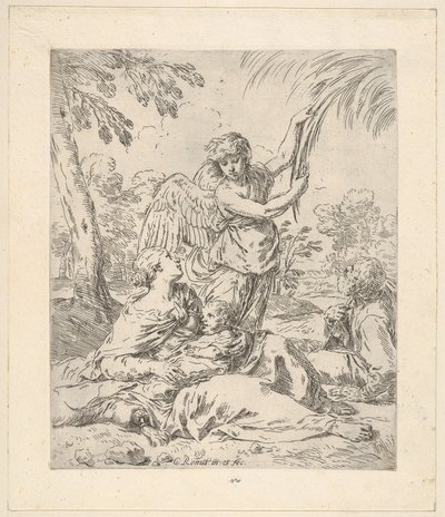 Lepää Egyptissä, Maria imettää Kristus-lapsa, kun enkeli vetää puun oksaa..., noin 1630-1648. tekijältä Simone Cantarini