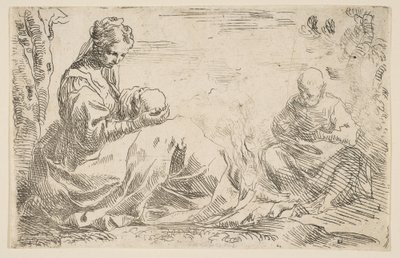 Lepää lennolla Egyptiin, Maria pitelee Kristus-lapsia ja katselee sitä samalla kun St...., n. 1637. tekijältä Simone Cantarini