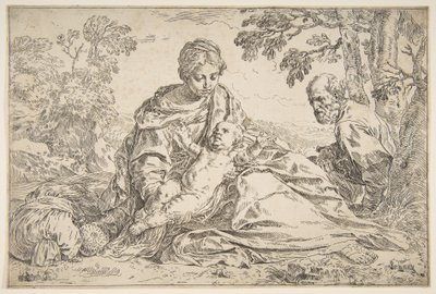 Lepää lennolla Egyptiin, Maria pitelee vauvaa Kristusta ja Pyhä Joosef oikealla, n. 1640. tekijältä Simone Cantarini