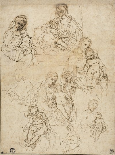 Luonnokset neitsyestä ja lapsesta ja pyhästä perheestä, 1642-48 tekijältä Simone Cantarini