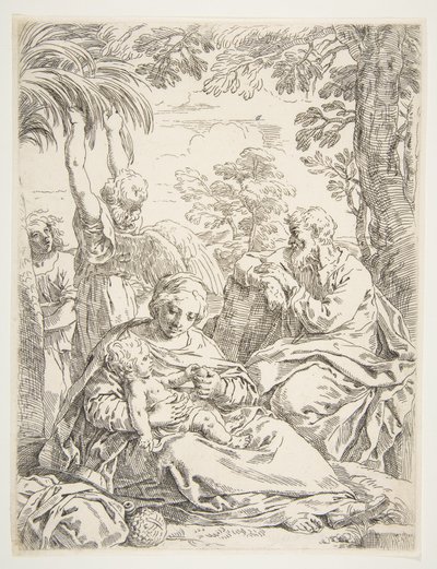 Pyhä perhe lepää pannossaan Egyptiin, n. 1637-1639. tekijältä Simone Cantarini