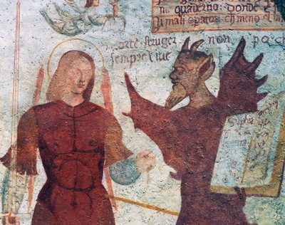 Arkkienkeli Mikael ja paholainen seitsemän kuolemansynnin kirjan kanssa, yksityiskohta Kuoleman tanssista tekijältä Simone II Baschenis