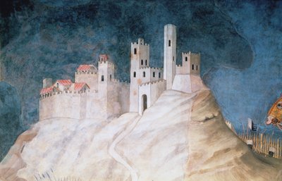 Guidoriccio da Foglianon muistotilaisuus Montemassin piirityksen yhteydessä, yksityiskohta Montemassin linnoituksesta, Sala del Mappamondosta, 1328 tekijältä Simone Martini