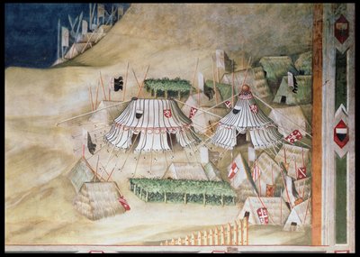 Guidoriccio da Foglianon muistotilaisuus Montemassin piirityksen yhteydessä, yksityiskohta sotilasleiristä, Sala del Mappamondosta, 1328 tekijältä Simone Martini