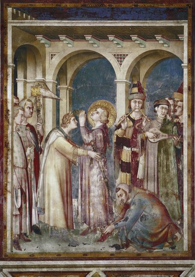 Fresko Pyhän Martinin elämästä. Saint Martin on ritari, yksityiskohta. Eveque Saint Martin de Tours ja muusikot. Simone Martinin (1280-1344) maalaus. Fresko tekijältä Simone Martini
