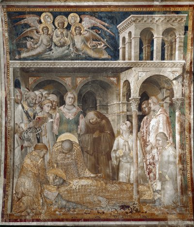 Fresko Pyhän Martinin elämästä. Pyhän Martinin kuolema. Simone Martinin (1280-1344) maalaus. Fresko tekijältä Simone Martini