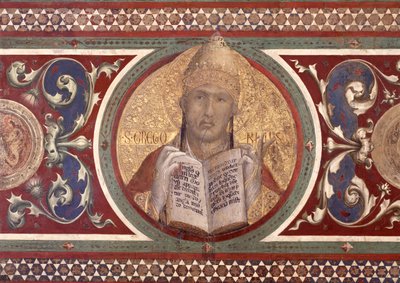 Maesta: Gregorius, yksityiskohta kehyksestä, 1315 fresko yksityiskohta 51591:stä. tekijältä Simone Martini