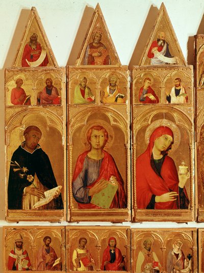 Pyhä Dominic, Pyhä Johanneksen evankelista, Pyhä Maria Magdaleena. Yksityiskohta Pyhästä Katariina Aleksandrialaisen polyptyykistä (tempera ja kulta puulla tekijältä Simone Martini
