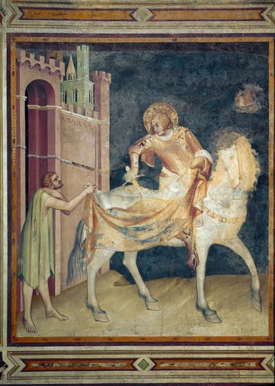 Pyhä Martin jakaa takkinsa kerjäläisen kanssa. Fresko Simone Martini (1282-1344). 1315. Pyhän Francois Assisilaisen alempi basilika, Pyhän Martinuksen kappeli. Istu alas. tekijältä Simone Martini