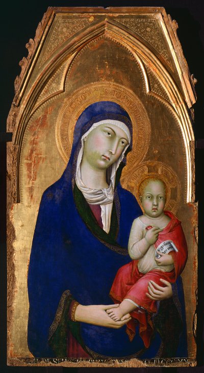 Madonna ja lapsi, yksityiskohta Pyhän Dominicin alttaritaulusta, Simone Martini (1283-1344), tempera ja kulta puupaneelissa tekijältä Simone Martini
