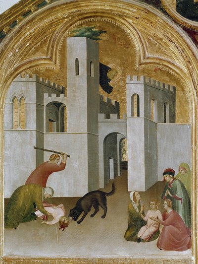 Lapsen ihme tarttuu suden hampaiden väliin. Osa triptyykistä Pyhän Augustinuksen erakko historia (Tempera puulla tekijältä Simone Martini