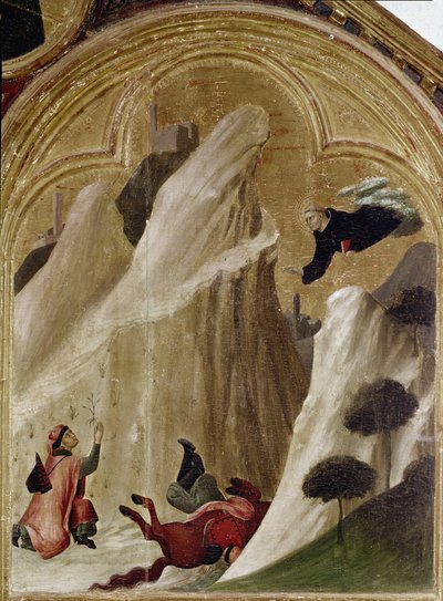 Ihme, kun ritari putoaa kalliolta ja pysyi hengissä. Osa triptyykkiä Pyhän Augustinuksen erakon historia (Tempera puulla tekijältä Simone Martini