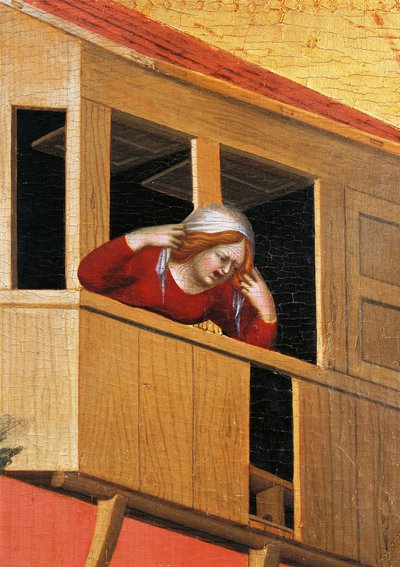 Nainen nojaa parvekkeelle, yksityiskohta alttaritaulusta nimeltä Blessed Agostino Novello ja tarinat hänen elämästään, Simone Martini (1283-1344), öljy kankaalle, 200x256 cm, n. 1330 tekijältä Simone Martini