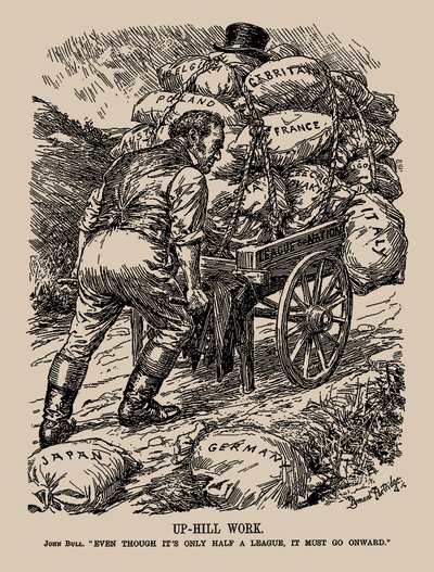 Ylösmäkeen työ. John Bull. Vaikka se on vain puoli liigaa, sen täytyy jatkua, 1935. tekijältä Sir Bernard Partridge