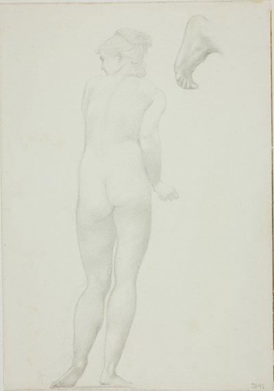 Taustakuva seisovasta alaston naisesta ja luonnos jalkasta tekijältä Sir Edward Burne Jones