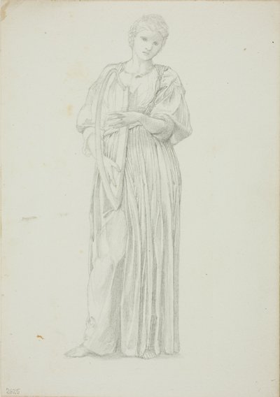 Harppua soittavan naisen drapedoitu hahmo tekijältä Sir Edward Burne Jones