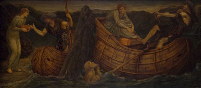 Cupid and Psyche - Palatsin vihreät seinämaalaukset - Psyche antaa kolikon Styxin lauttamiehelle, 1881. tekijältä Sir Edward Coley Burne Jones