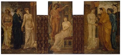 Cupid ja Psyche - Palatsin vihreät seinämaalaukset - Psychen sisaret vierailevat hänen luonaan Cupidin talossa, 1881. tekijältä Sir Edward Coley Burne Jones