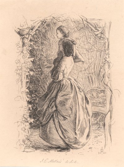 Hyvää kevään aikaa. Nainen ja lapsi katselevat lintua pesässä. tekijältä Sir John Everett Millais