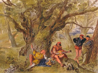Kuten pidät: II näytös, kohta V. Vihreän puun alla, laulaja Amiens, c1875 tekijältä Sir John Gilbert