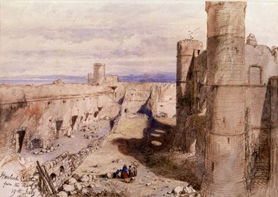 Harlechin linna valleilta, Wales, 1850 tekijältä Sir John Gilbert
