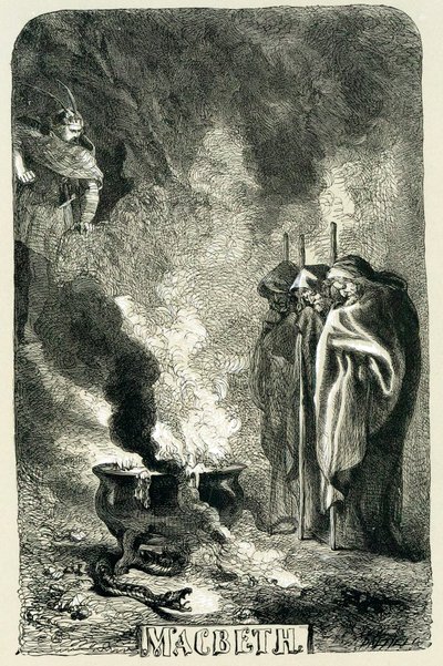 Macbeth vierailee kolmen noidan luona räjähdysmäisellä nummilla, 1858 tekijältä Sir John Gilbert