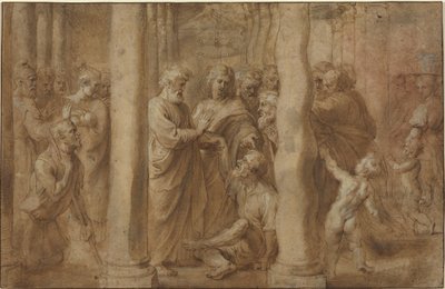 Pyhän Pietarin ja Pyhän Johanneksen parantama ramman miehen ihme tekijältä Sir Peter Paul Rubens over Anonymous Italian after Parmigianino after Raphael