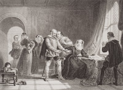 Mary Queen of Scots (1542-87) joutui allekirjoittamaan kruununsa Lochlevenin linnassa vuonna 1567, "Englannin ja Skotlannin historian kuvituksia" osasta I. tekijältä Sir William Allan