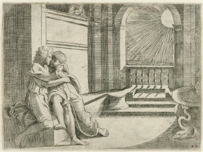 Abimelech ziet Isaak Rebekka liefkozen Bijbelse-kohtaukset (sarjan nimi) Historia del Testamento Vecchio / Raffaelle di Urbinin maalaama Roomassa Vatikaanissa (...) (sarjan nimi) tekijältä Sisto Badalocchio