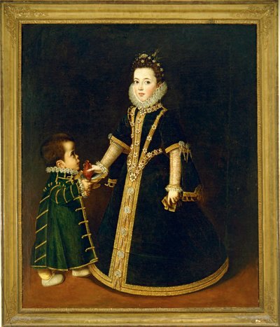 Tyttö kääpiön kanssa, jonka uskotaan olevan Savoijin herttuan ja herttuattaren tyttären Margarida Savoijin muotokuva ... (maalaus kankaalle) tekijältä Sofonisba Anguissola