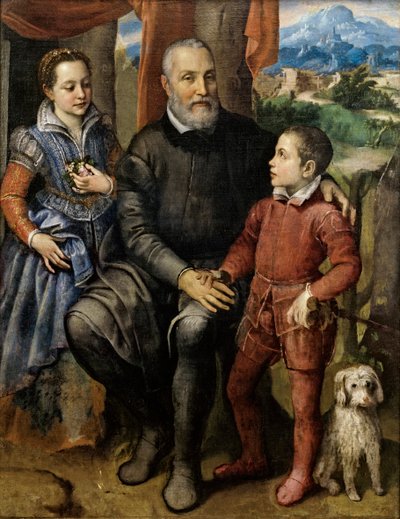 Taiteilijaisä Amilcare Anguissola ja hänen sisaruksensa Minerva ja Asdrubale, n. 1559. tekijältä Sofonisba Anguissola