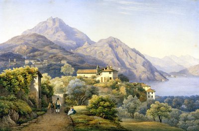 Como. Menaggio. Loveno ja Mount Groma. 1840. S. Corrodin maalaus. Menaggio, Como . tekijältä Solomon Corrodi