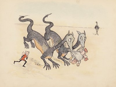 S Rosamond Praegerin kuvitus sarjaan Little Twin Dragons (värilitografia). tekijältä Sophia Rosamond Praeger