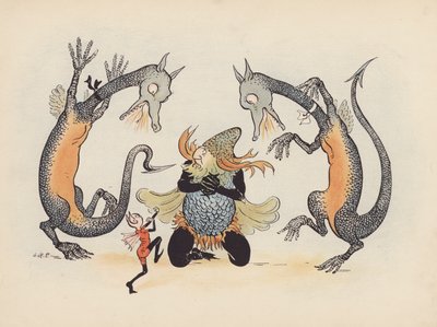 S Rosamond Praegerin kuvitus sarjaan Little Twin Dragons (värilitografia). tekijältä Sophia Rosamond Praeger