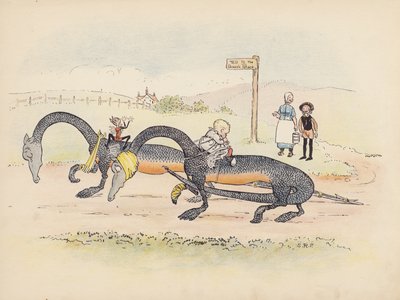 S Rosamond Praegerin kuvitus sarjaan Little Twin Dragons (värilitografia). tekijältä Sophia Rosamond Praeger