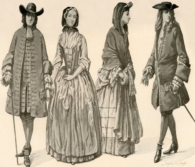 Vaatteet Kaarle II:n, Jaakob II:n, Williamin ja Marian hallituskaudella 1682-1700, 1903, 1937. tekijältä Sophie B. Steel