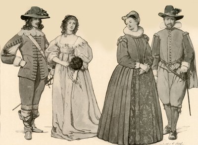 Vaatteet James I-Charles I:n hallituskauden aikana 1607-1640, 1903, 1937. tekijältä Sophie B. Steel