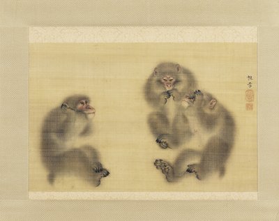 Apinat: Hear No Evil, See No Evil, Speak No Evil, n. 1820 (muste ja väri silkillä) tekijältä Sosetsu Mori